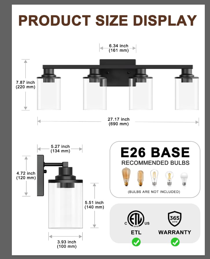 DORESshop 4-Light Black Bathroom Light Fixtures with Clear Glass Shade for Vanity, Hallway, Living Room, Bedroom