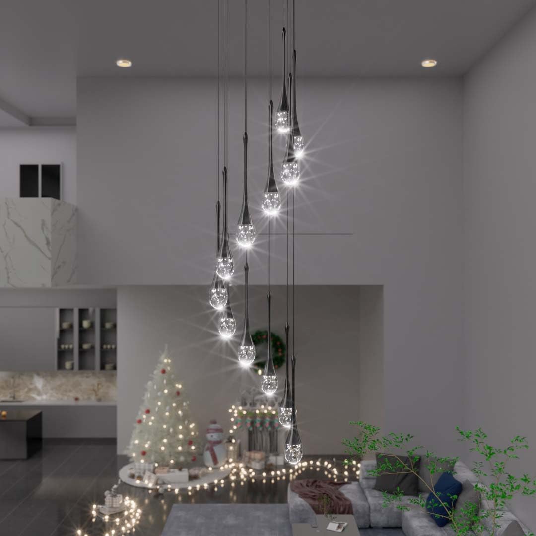 Ykolupty 120'' Bubble Crystal Raindrop Chandeliers 16-Lights Black Long Staircase Foyer High Ceiling Loft Slanted Led Dimmable Ceiling Fixtures