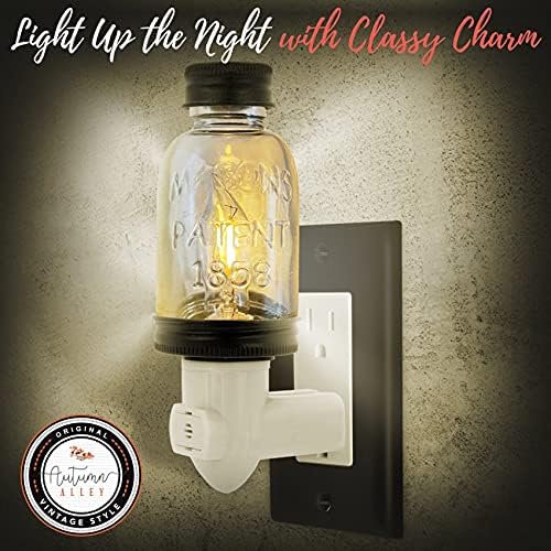 Rustic Mini Mason Jar Night Light In Bronze | Auto On/Off Sensor | Plug In Farmhouse Wall Decor | Cute Country Night Light | Energy Efficient Led Bulb | Timeless Design