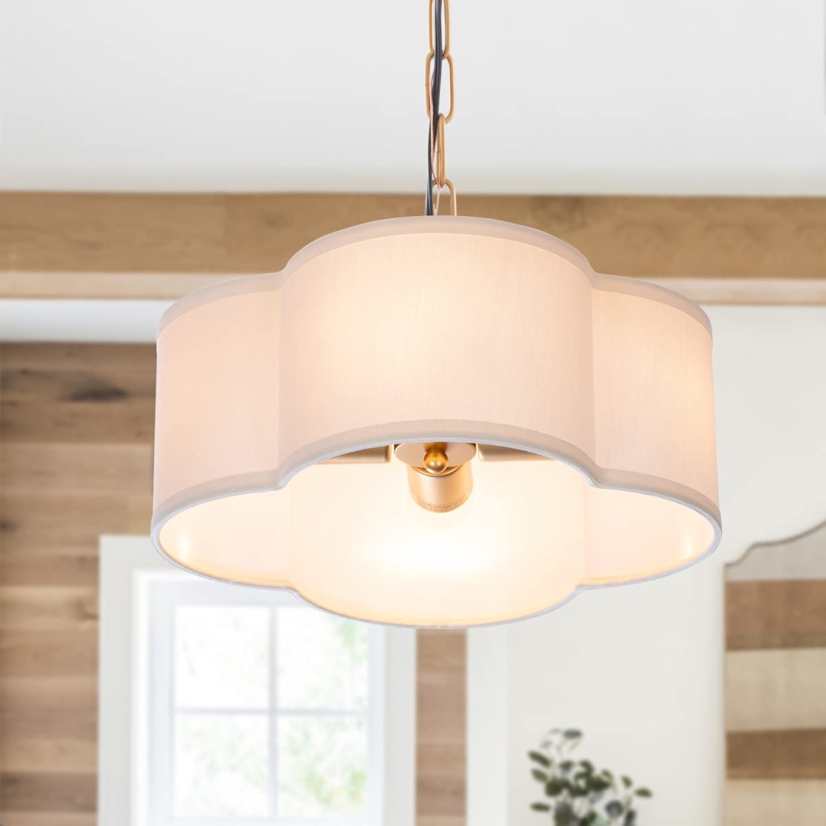 VILUXY Farmhouse Chandelier 4 Lights Pendant Light White Linen Fabric Round Drum with Gold Fixture for Bedroom Dining Room