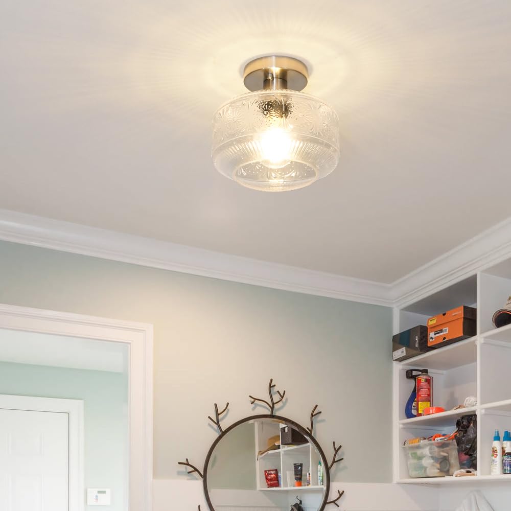 Dsmjfu Semi Flush Mount Ceiling Light, Vintage Small Ceiling Light Fixture, Thickened Glass Hallway Light Fixture, Brushed Nickel Kitchen Ceiling Mount Light For Entry Way, Bedroom, Bathroom