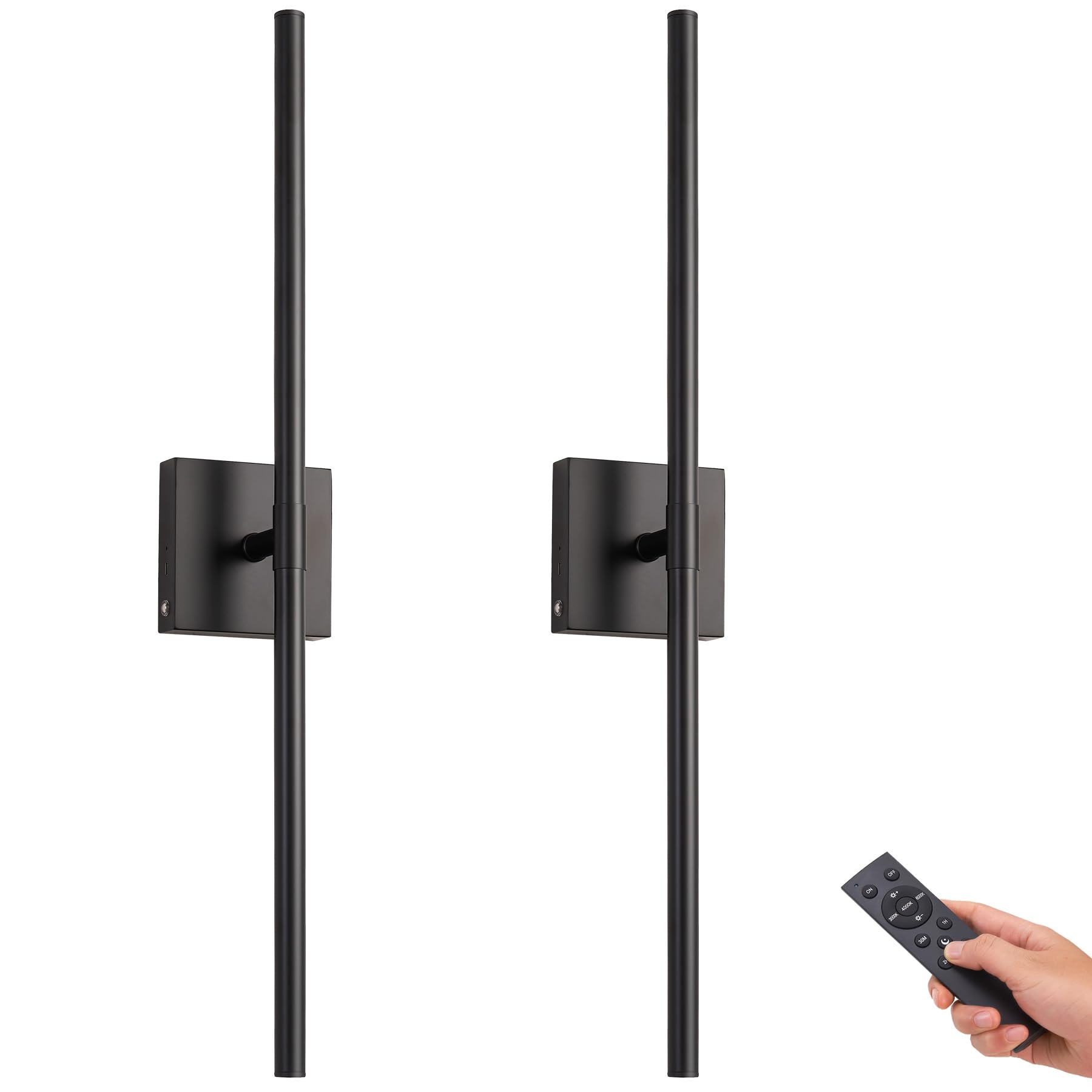 Gwoner Battery Operated Led Wall Sconces Set Of Two, 25" Wireless Dimmable Black Wall Lights With Remote Control, 3 Color Stepless Dimming 360° Rotate Wall Lamp For Living Room Bedroom Stairs Hallway