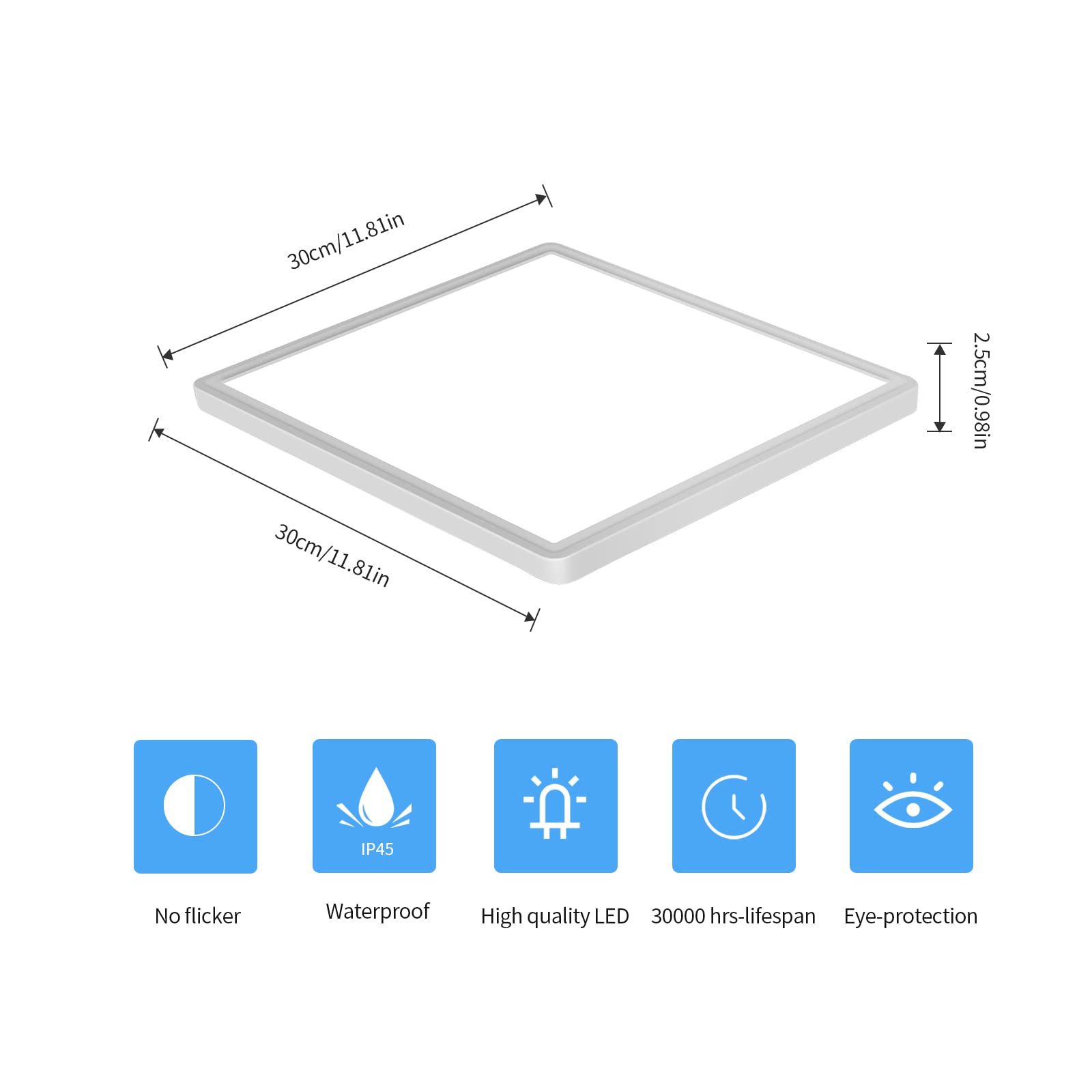Delipop 12&quot; Ultra Thin Square Led Ceiling Light, 24W 6500K Cool White, Low Profile Fixture - White
