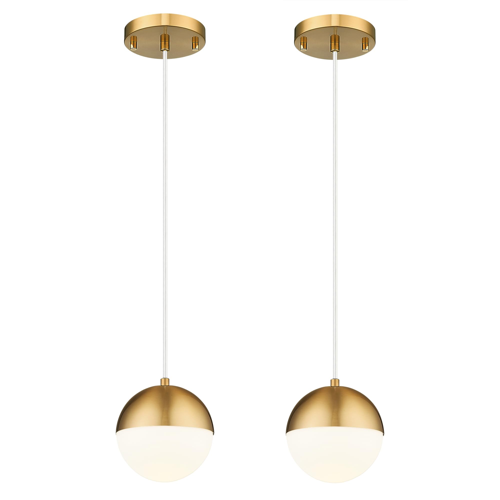 LMS Mid Century Pendant Lights, Brushed Gold Kitchen Island Light Fixtures with White Globe Glass Shade, Adjustable Hanging Cord