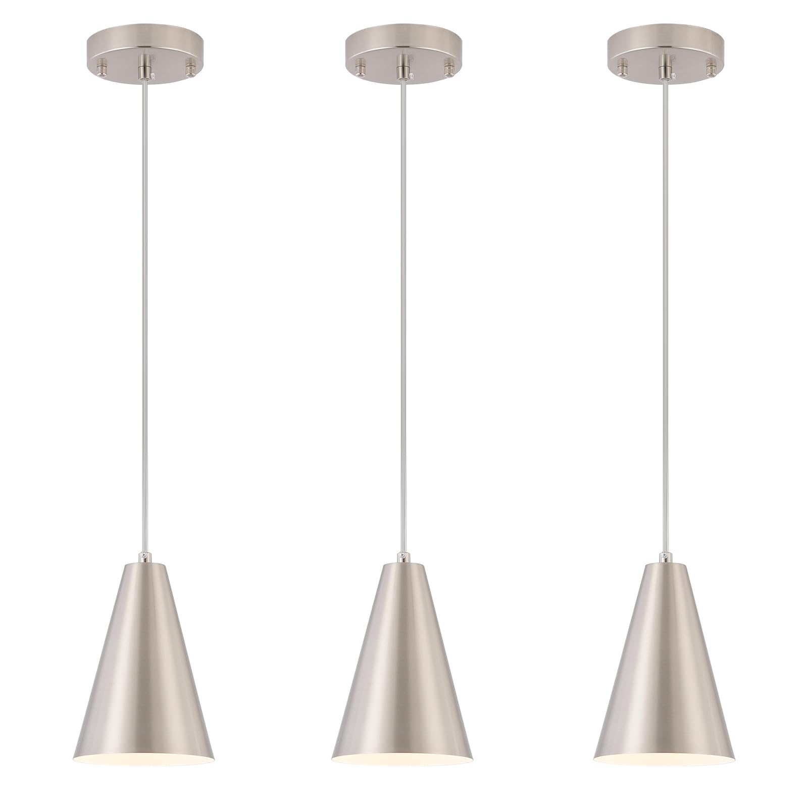 Dijiahua Brushed Nickel Pendant Lights 3 Pack, Metal Shade, Adjustable Cord, Modern Farmhouse Chandelier, Model P-JDH062
