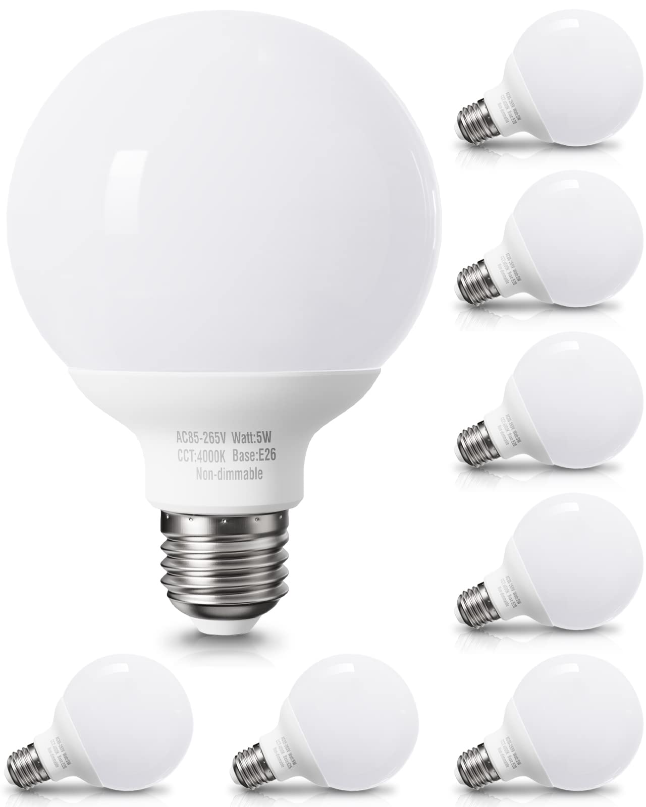 Pazetiv 8 Pack Led Globe Light Bulbs For Bathroom, 120V 60 Watt Equivalent, Natural Daylight 4000K, E26 Medium Base, Non-Dimmabl