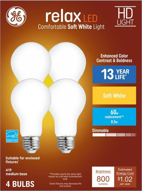 GE Relax LED Light Bulbs, 60W Equivalent, Dimmable, Soft White, 4-Pack, Glass