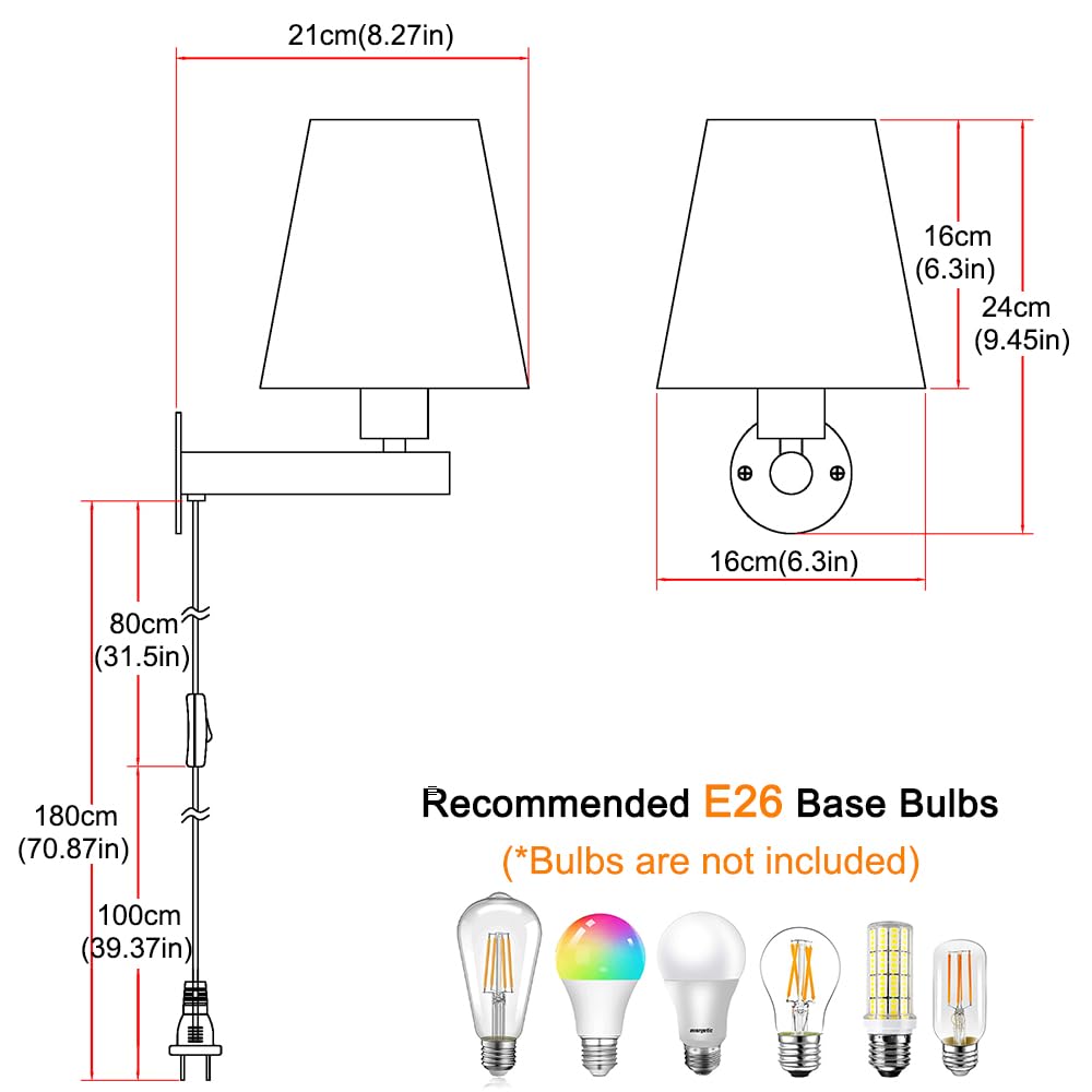 OIYIO White Plug in Wall Sconces Set of Two, 9.45in Fabric Linen, Model 240927