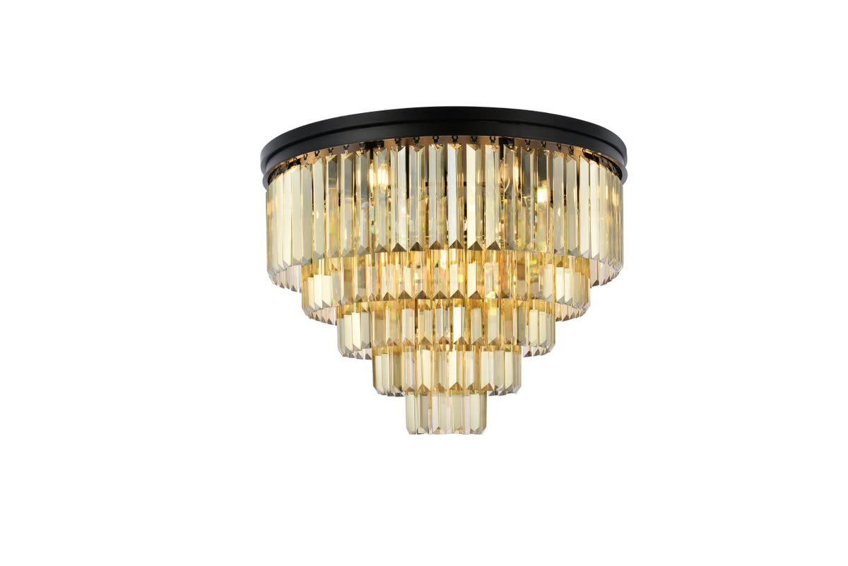 Urban Classic Sydney 17 Light Matte Black Flush Mount Golden Teak (Smoky) Royal Cut Crystal
