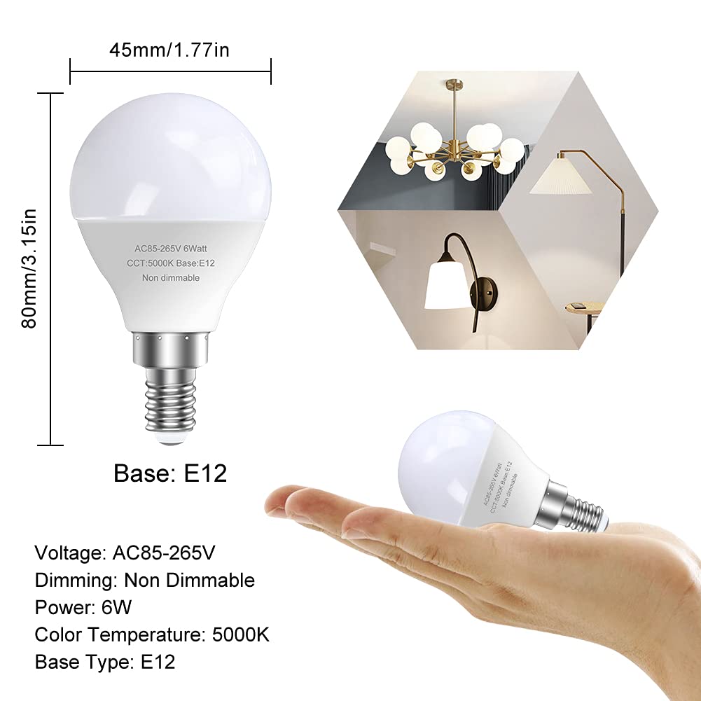 GOSCHE 12 Pack A15 E12 LED Ceiling Fan Bulbs, 60W Equivalent, 5000K Daylight, Non-Dimmable, Plastic, Chandelier Light Bulbs