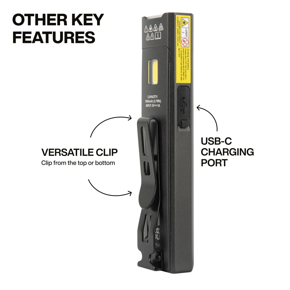 KLEIN TOOLS 56074 EDC Pocket Flashlight, 1000 Lumens, Green Laser, Gray, Rechargeable, Turbo Mode, Built-in Floodlight