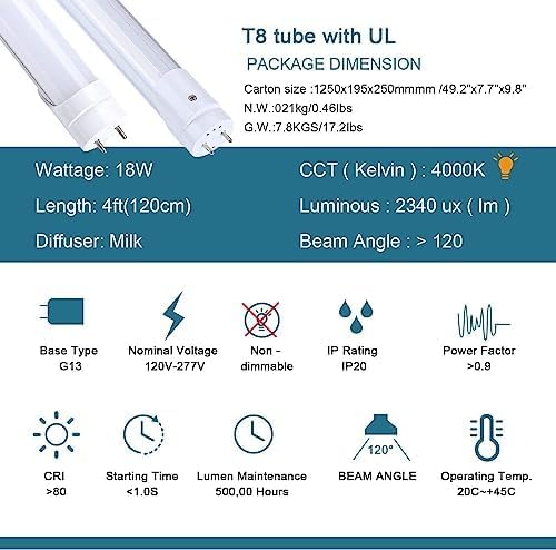 H&B Luxuries 4Ft Led T8 Ballast Bypass Type B Light Tube, 18W, Ul-Listed For Single-Ended & Dual-Ended Connection, 2340Lm, T8 T1