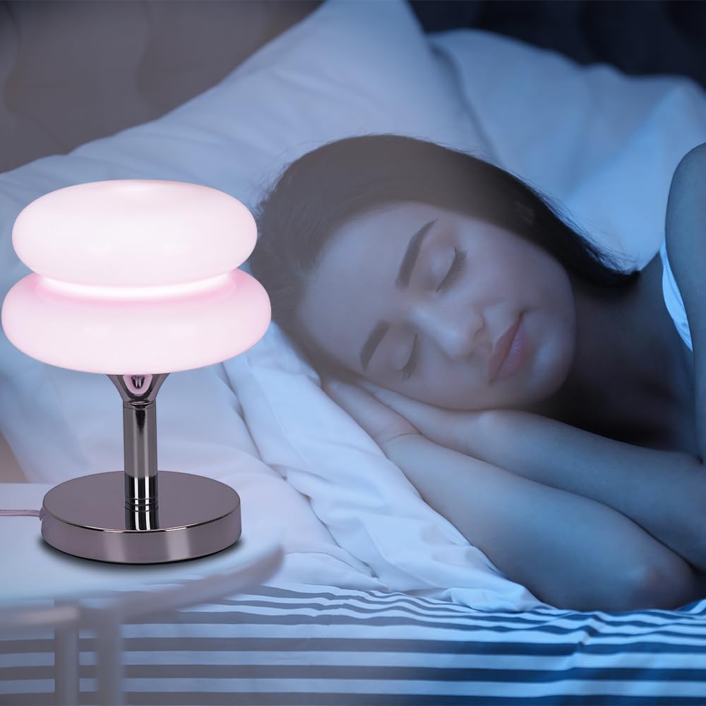 Jiesheng Pink Glass Bedside Lamp, Retro 10.63&quot; Desk Light With 3 Color Modes, E27 Bulb
