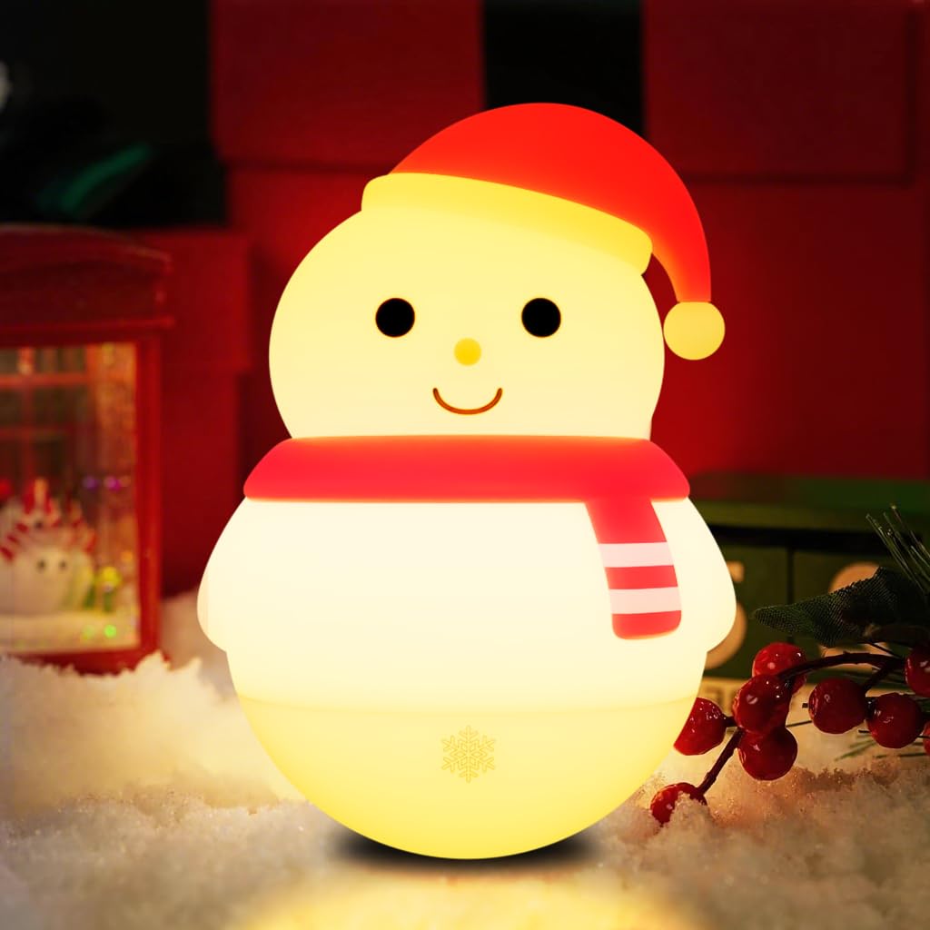 Colorful Life Snowman Silicone Night Light, Rechargeable Pat-Activated LED Lamp, Soft Ambient Bedside Light for Kids Bedroom & N