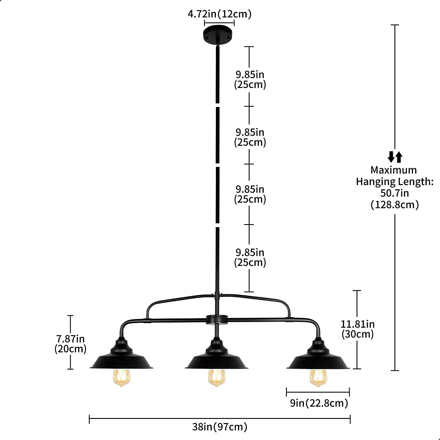 PUZHI HOME Black Pendant Lighting Fixture, 3-Lights Modern Farmhouse Chandelier, Metal, Model 34