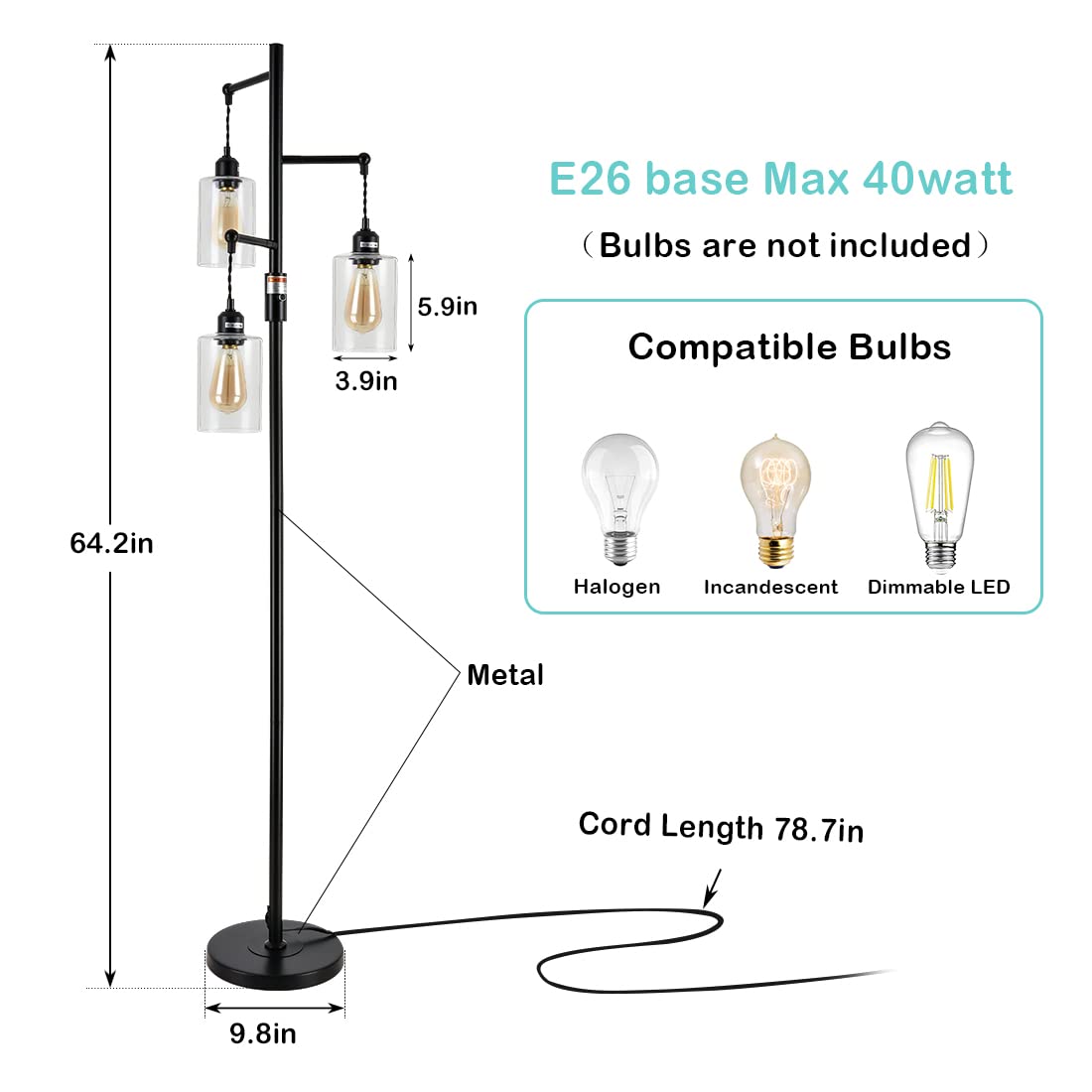 Airposta Industrial Floor Lamp With On/Off Dimmable Switch, 3-Head Rustic Tree Standing Lamp, Edison Bulb 40W Retro Tall Glass F