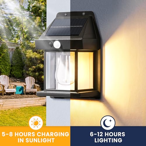 GIGALUMI Solar Wall Lights, 2 Pack Motion Sensor, Waterproof, Dusk to Dawn, Black Shell, Model 9457 for Patio, Garage, Shed