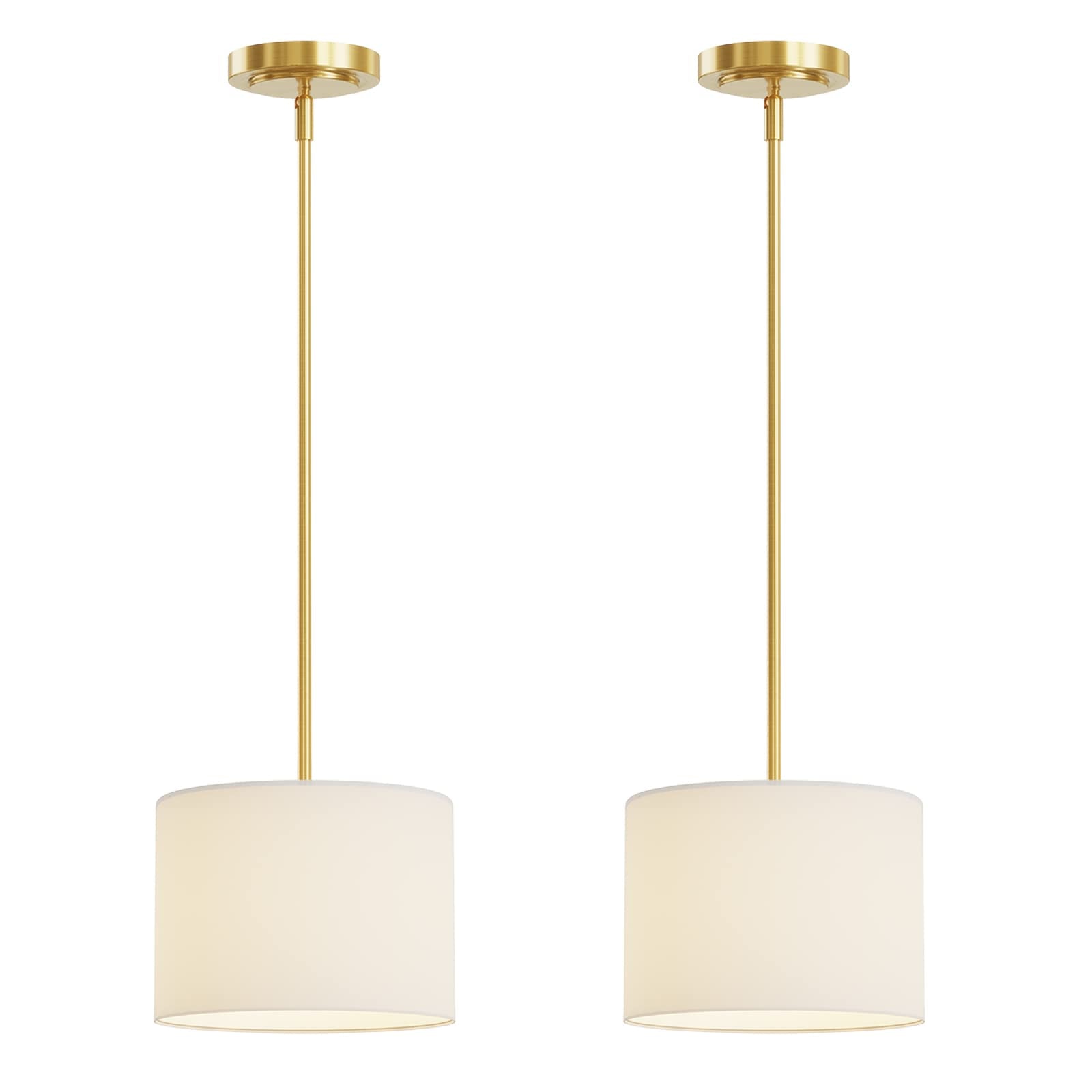 Electro bp;9'' Dia White Linen Drum Shade Hanging Pendant Light Fixture with Polished Gold Pole Kit,E26,Hardwired,2-Pack;