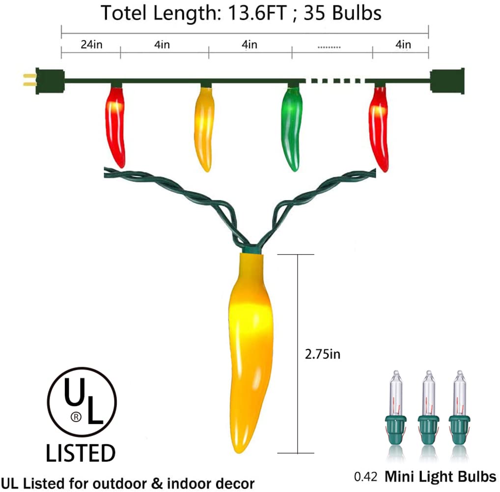 Multicolor Chili Pepper Lights, 13.6Ft Christmas Decorative String Lights With 35 Red Green Yellow Chili Lights, Connectable Chili Pepper Lights For Outdoor Indoor Xmas Party Kitchen Garden