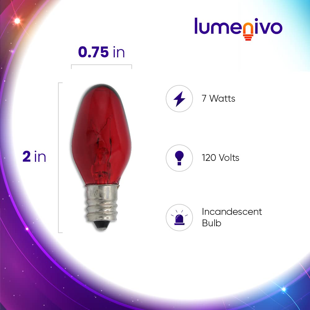 Lumenivo C7 Watt Red Incandescent C7 Colored Night Light Bulbs 7W C7 Red Christmas Village Light Bulbs - Candelabra Base Red Bul