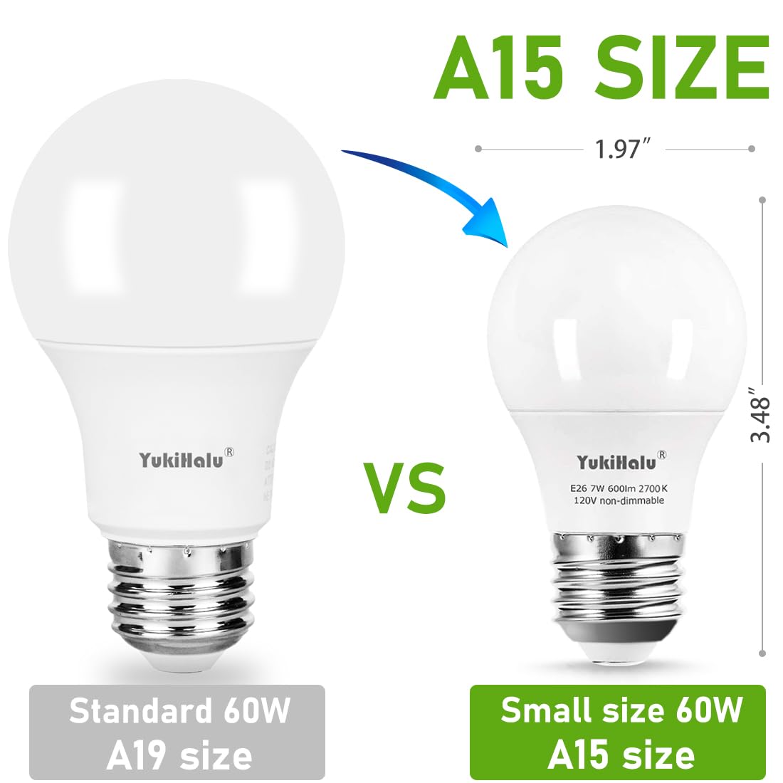 YukiHalu A15 LED Light Bulbs 60W Equivalent E26 Base 7W 600 Lumens Pack of 4 5000K Daylight White UL Listed Not Dimmable