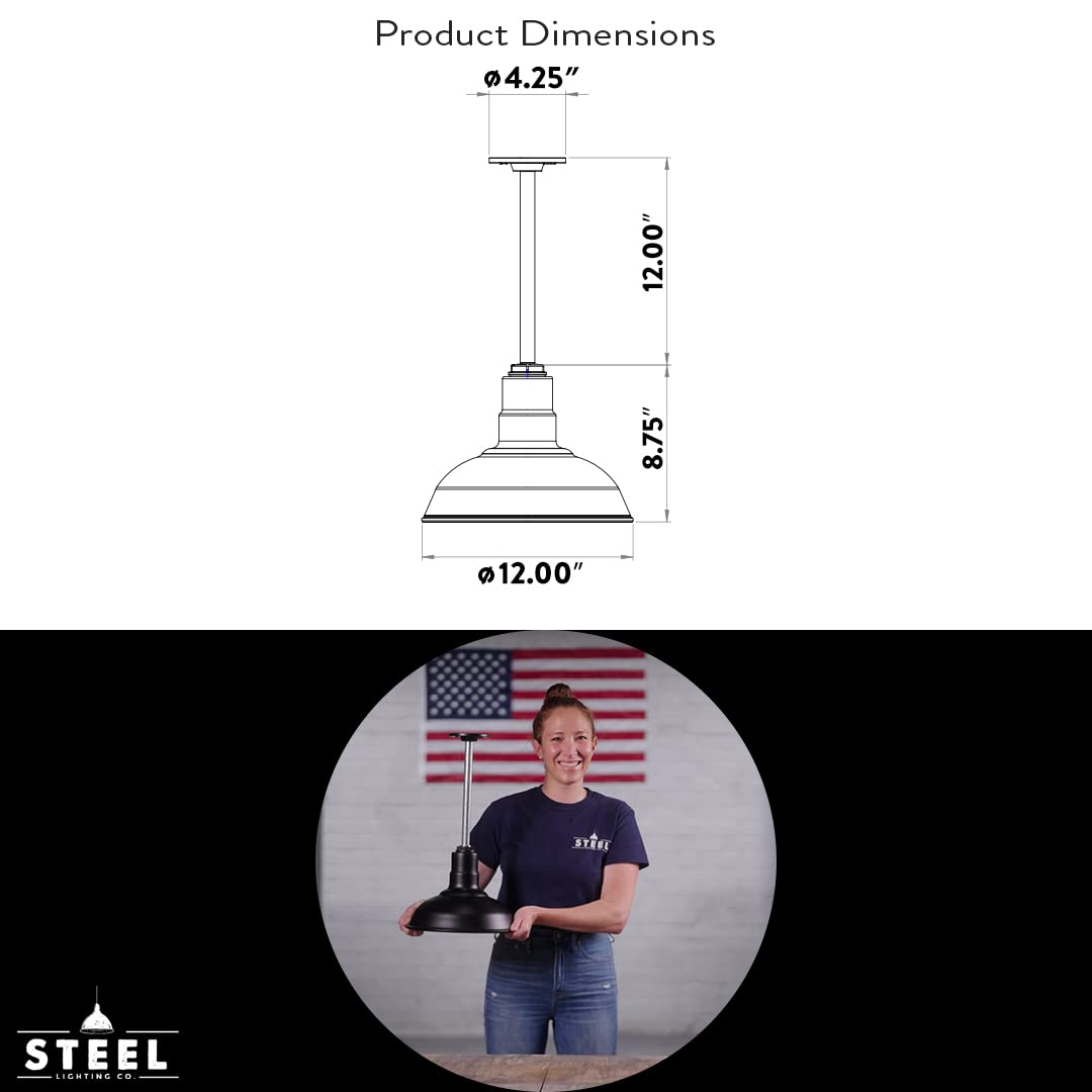 Steel Lighting Co. Barn Light Pendant - 12in Dome, Sloped Stem, Heavy Duty Alloy Steel, Black/White, Model S12-01-PR12-08-SL12-01