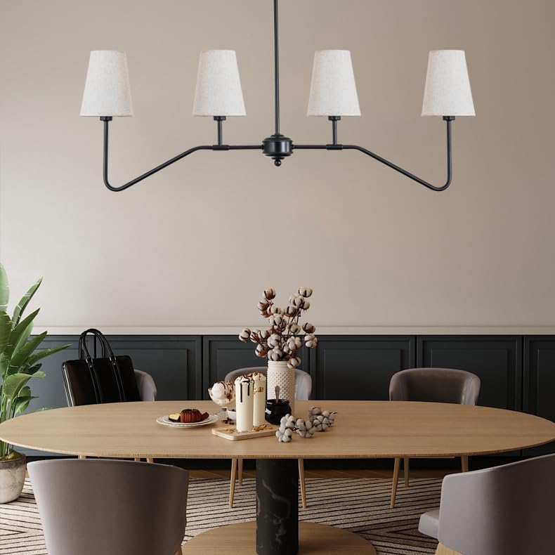 Fiyueoyi 4-Light Kitchen Island Lighting, Modern Linear Chandeliers For Dining Room Light Fixture Over Table Classic Matte Black Pendant Light With Linen Shades 41”W For Kitchen Island Living Room