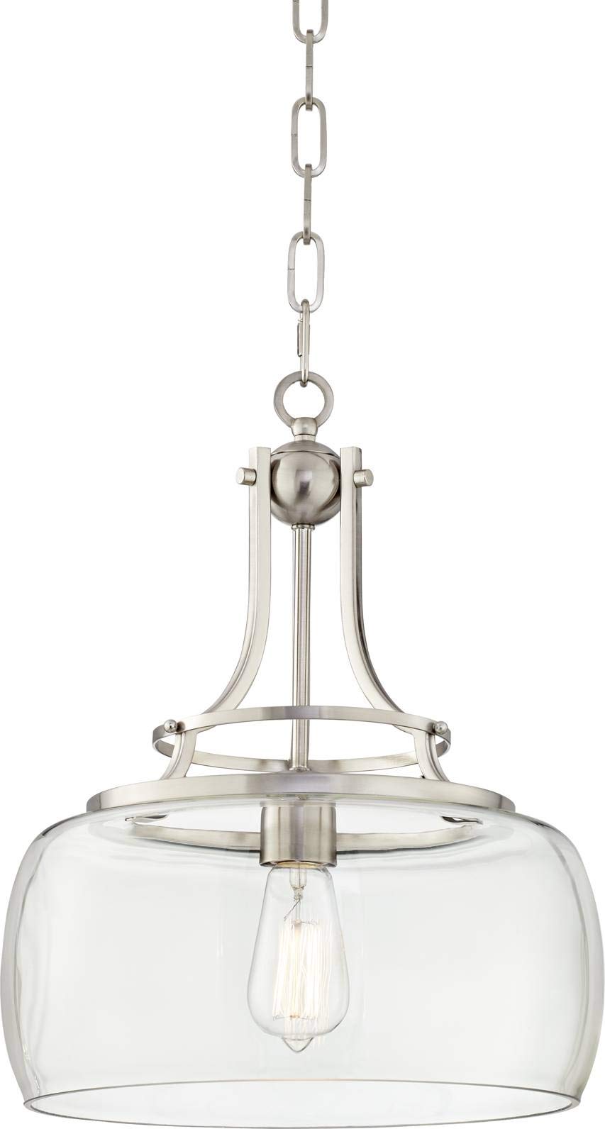 Franklin Iron Works Pendant Light - Brushed Nickel, Clear Glass, 13.5in Wide, 16in High, Model 7P203, Single Light for Farmhouse Decor