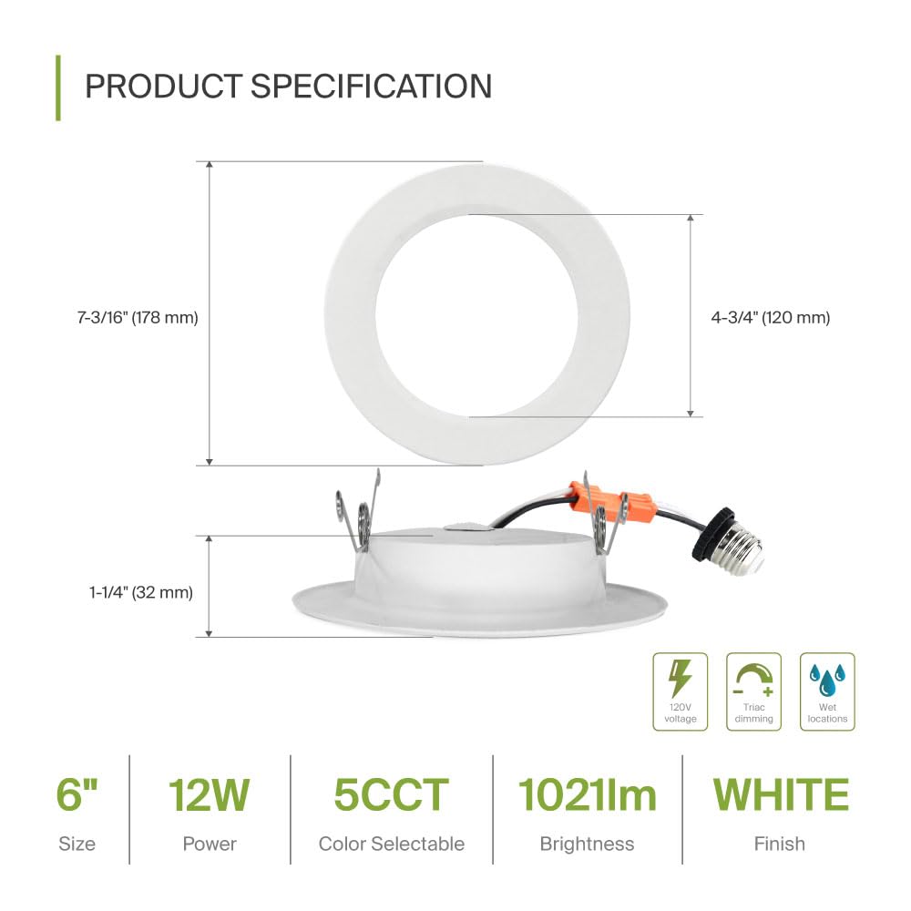 ASD 6 Inch Flat Trim LED Recessed Lighting, 12W 1021LM, Dimmable, Wet Rated, Adjustable 2700K-5000K, 12 Pack
