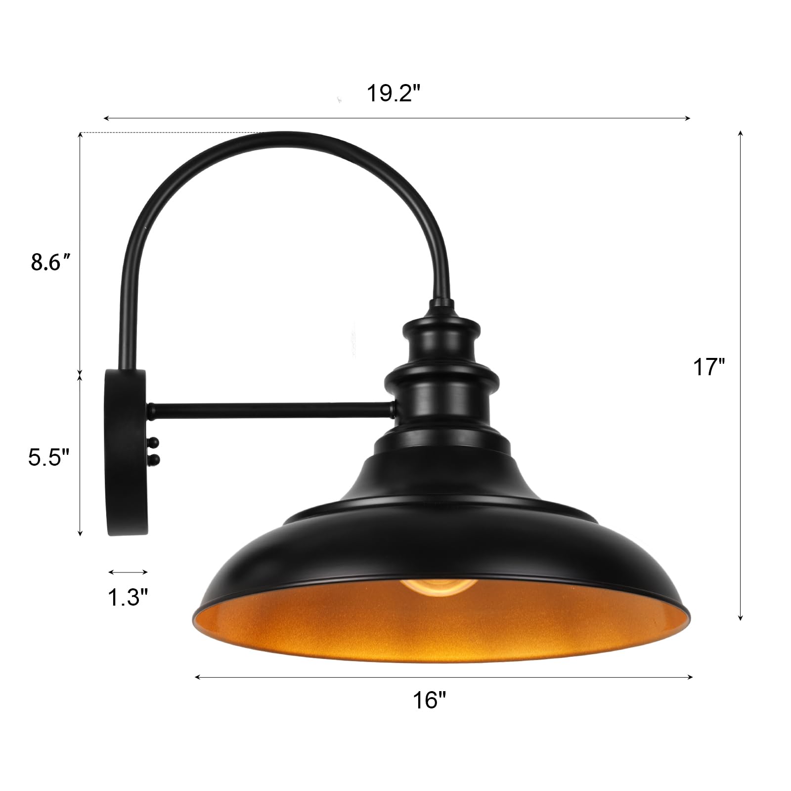 Diyel Outdoor Barn Light Fixture  16 Inch Large Dome Farmhouse Exterior Wall Mount Light  Rustic Wall Sconce Indoor Wall Lighting Fixture  Industrial Black Gold Lantern For Porch  1 Pack