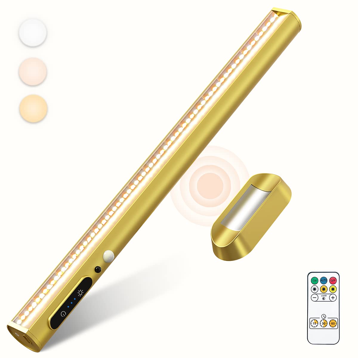 bravzurg Battery Powered Wall Strip Lights, Motion Sensor LED Light Bar, Rechargeable, Magnetic, Gold, Model YZYP350-GD03
