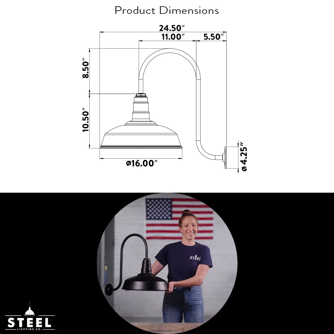 Steel Lighting Co. Gardena Barn Light - 16&quot; Upslope Gooseneck, Dusk To Dawn, Matte Black