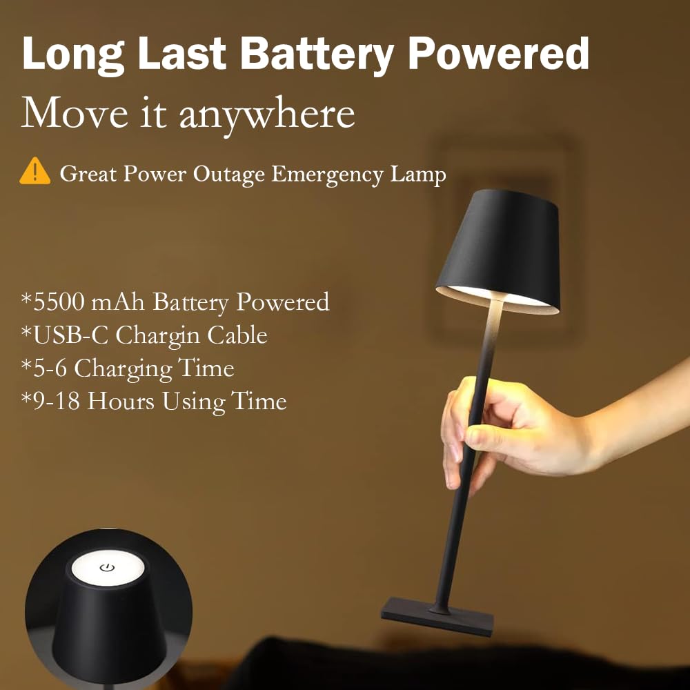 LamparaDecor 4 Pack LED Cordless Table Lamps, Waterproof, Rechargeable, Black, Set of 4