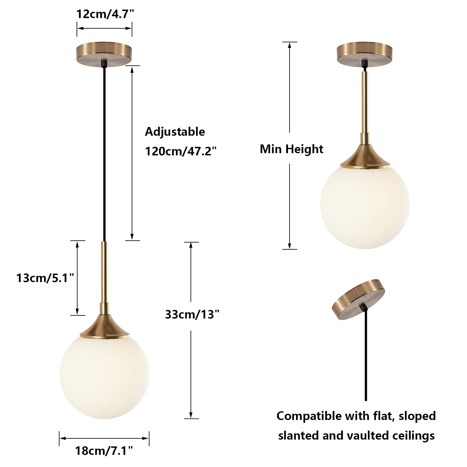 KCO Mid Century Modern Glass Pendant Light 1-Light Brushed Brass Adjustable Ceiling Fixture White