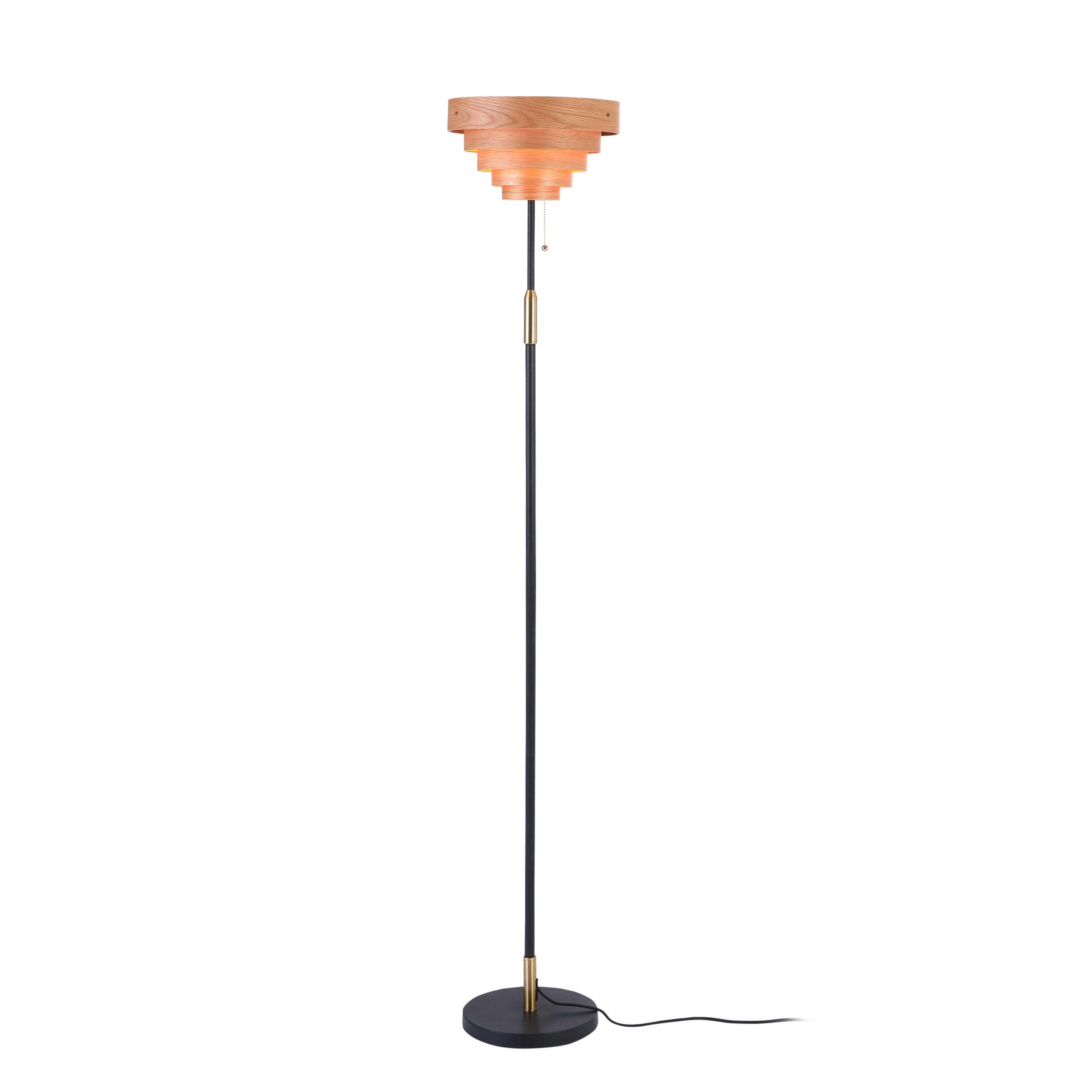 O'Bright Cascade Floor Lamp - Modern Wooden Layered Lampshade, E26 Socket, Pull Chain Switch, Metal Base, Standing Lamp for Livi