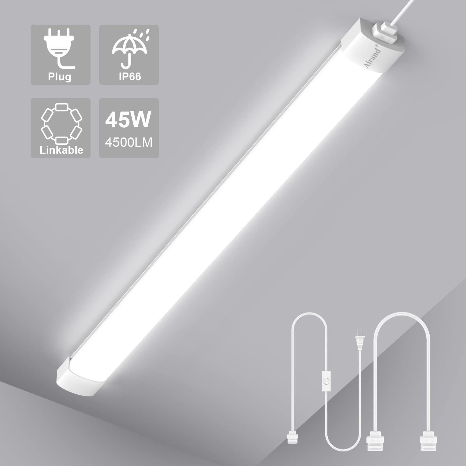 Led Garage Light 5Ft Shop Lighting Fixture With Plug In Cord,Waterproof Led Lights 5000K Under Cabinet Lighting Tube Lights 45W