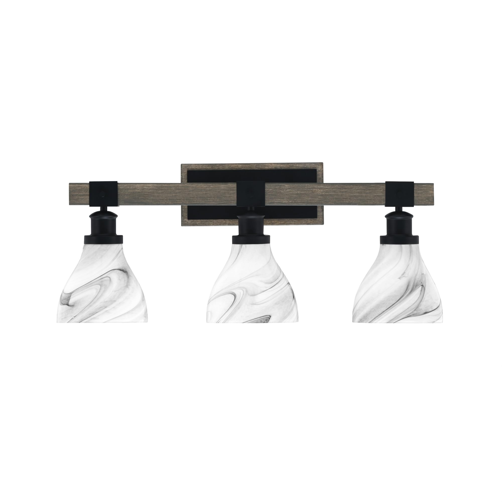 Toltec Lighting Tacoma 3 Light Bath Bar, Matte Black & Distressed Wood Finish, 6.25in Onyx Swirl Glass