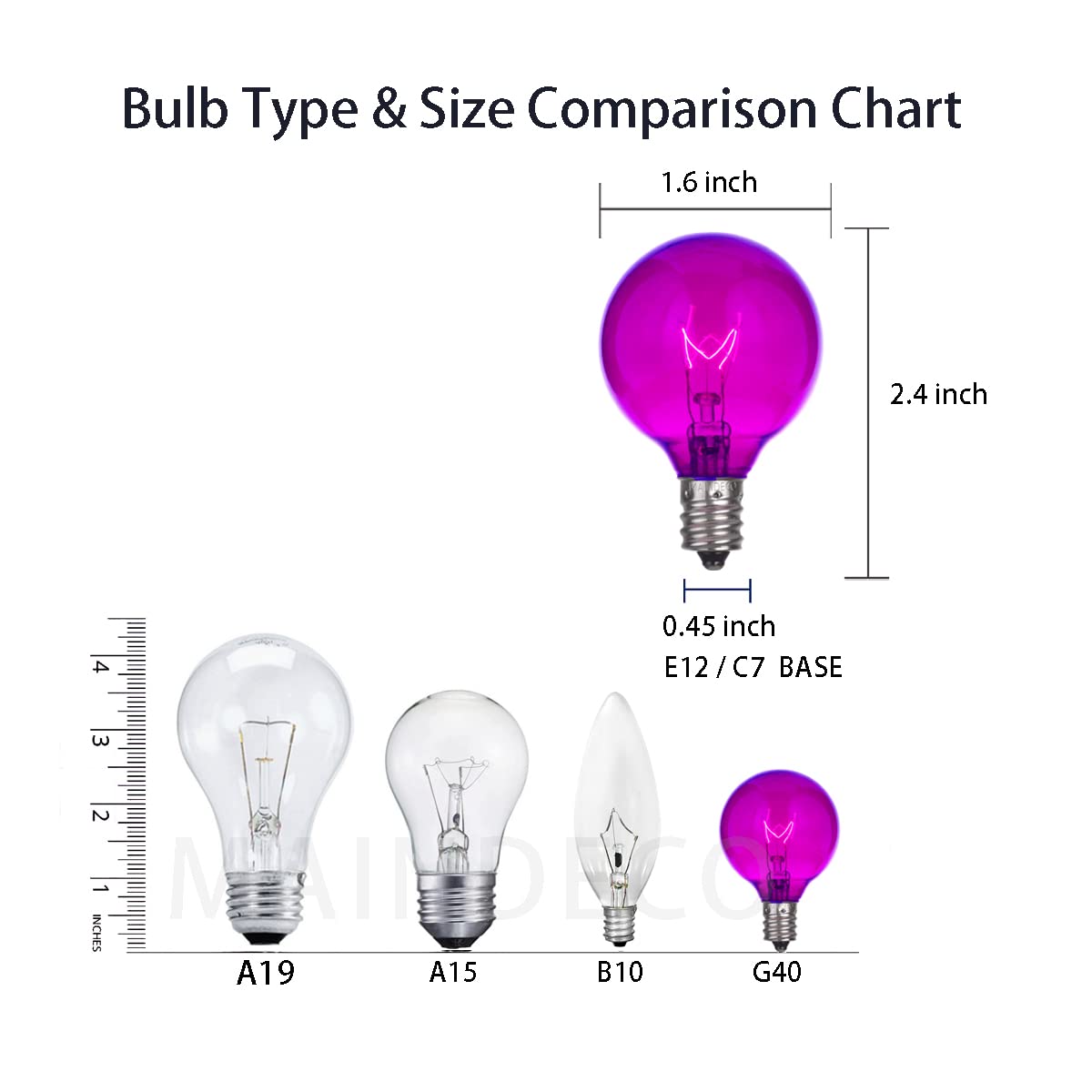 MAINDECO G40 Replacement Bulbs 25 Pack, 120V 5W Incandescent, E12 Base, Glass, Purple