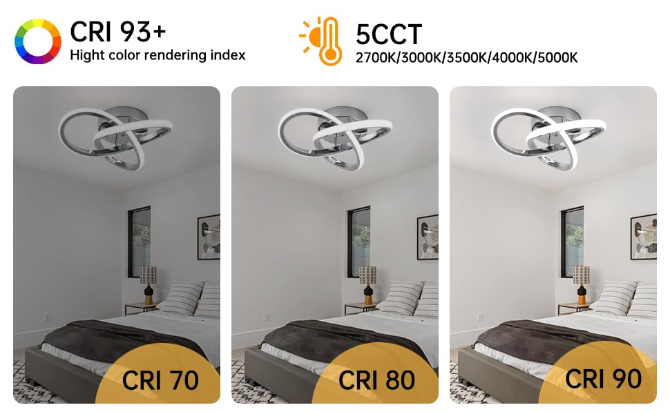 Ajbvp Modern Ceiling Light Fixture, LED Dimmable, Chrome, 20 Watt, 5CCT (2700K-5000K) for Bedrooms, Hallways, Bathrooms