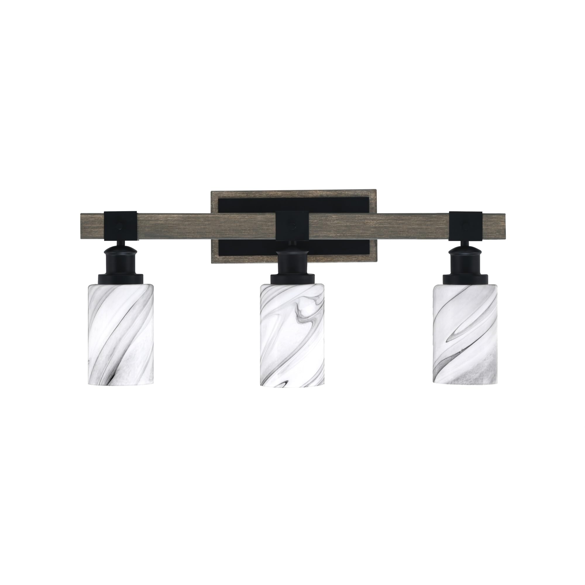 Toltec Lighting Tacoma 3 Light Bath Bar - Matte Black & Distressed Wood-Look Metal, 4in Onyx Swirl Glass