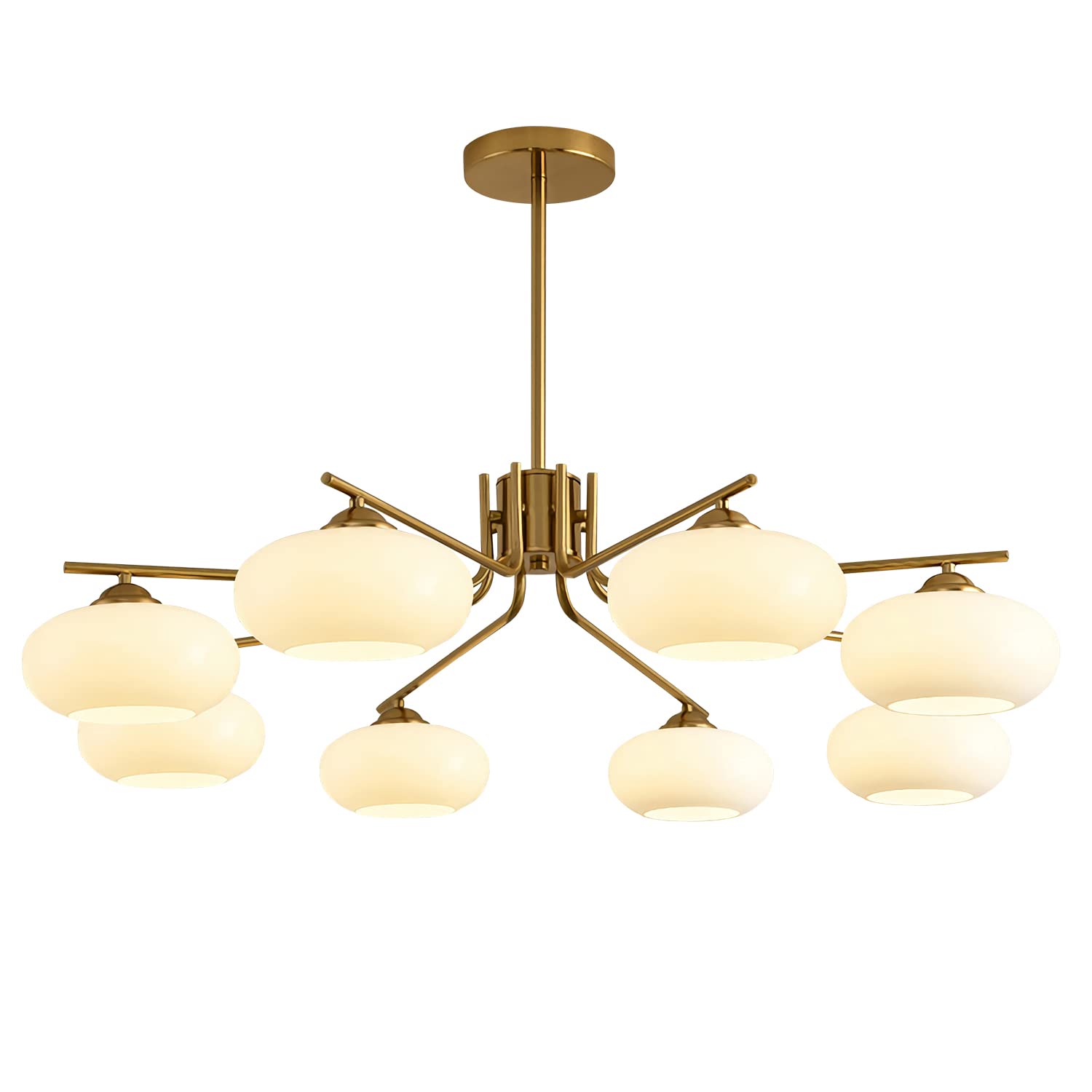KCO 8-Light White Glass Globe Sputnik Chandelier, Mid Century Modern Gold Semi Flush Mount, Model L1127-8-Head