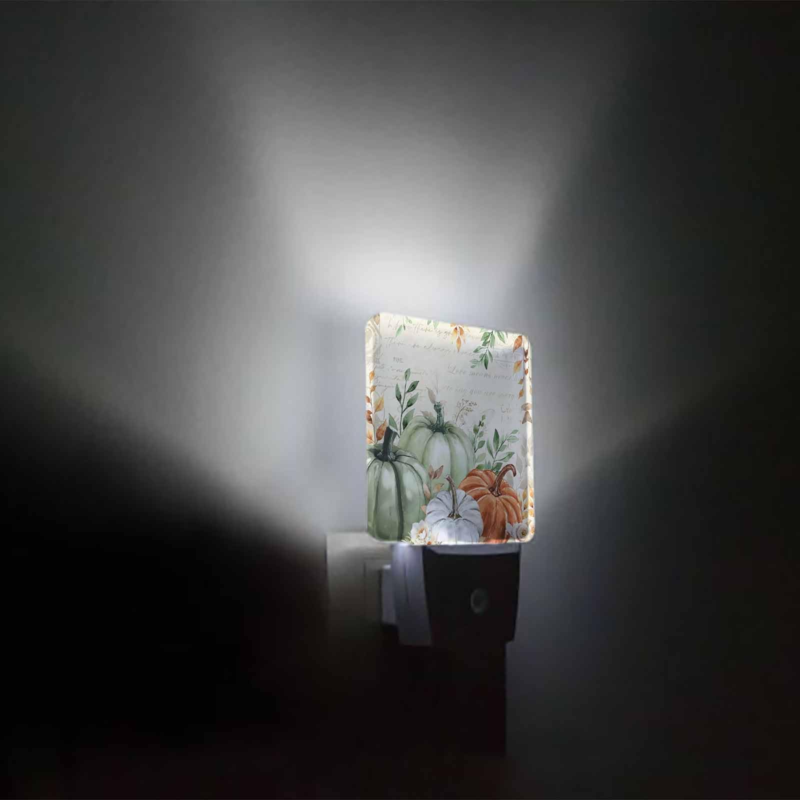 Fall Night Lights Auto Sensor Sage Green Pumpkin Plug-In Led Nightlights Dusk To Dawn For Living Room  Bedroom  Bathroom  Kitchen  Hallway  Stairways Thanksgiving Holiday  Floral Eucalyptus Leaves