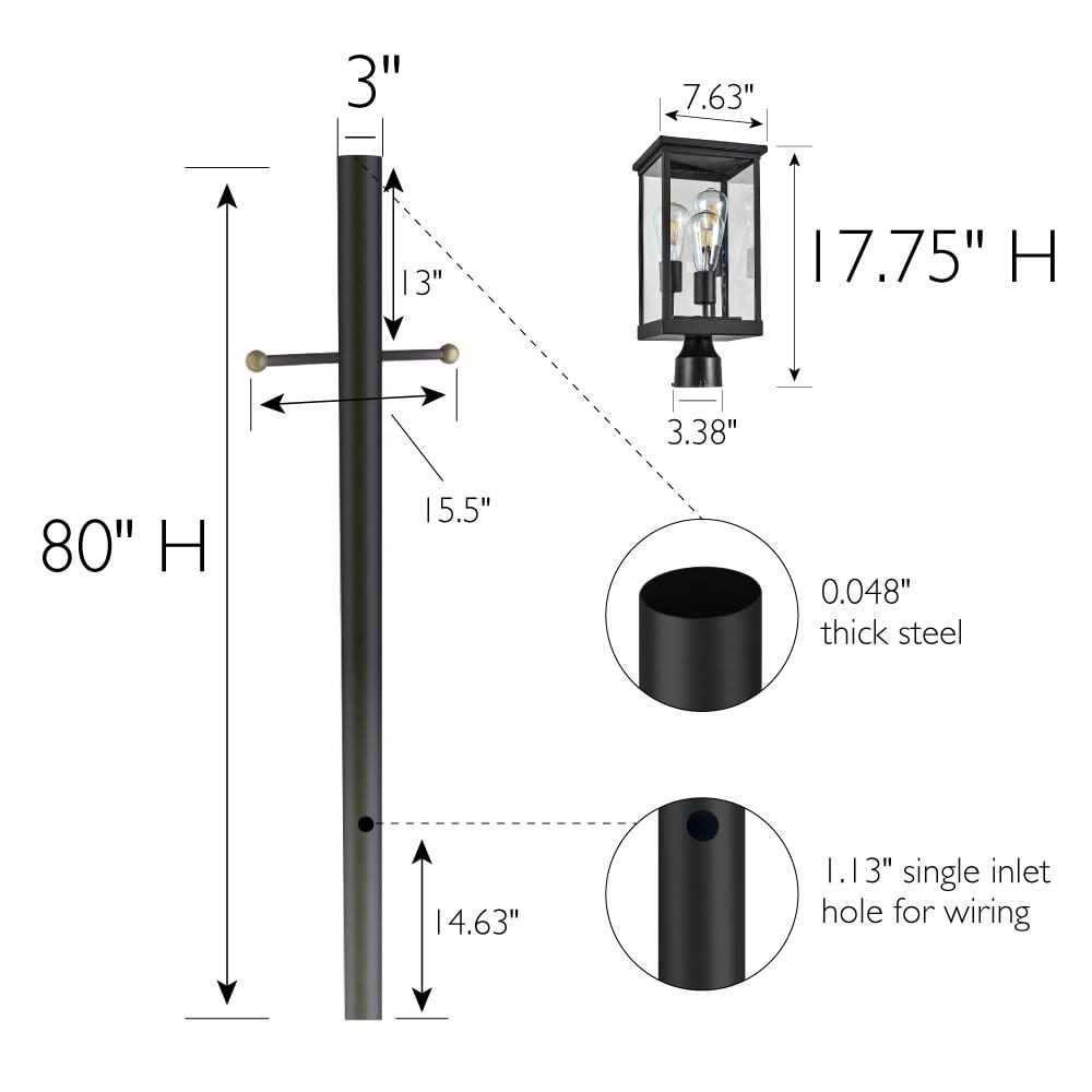 Design House Mayfield Post Light, Includes Lamp Post, 3-Light, Clear Glass, Weather Resistant, Matte Black, 7.63 in x 7.63 in x
