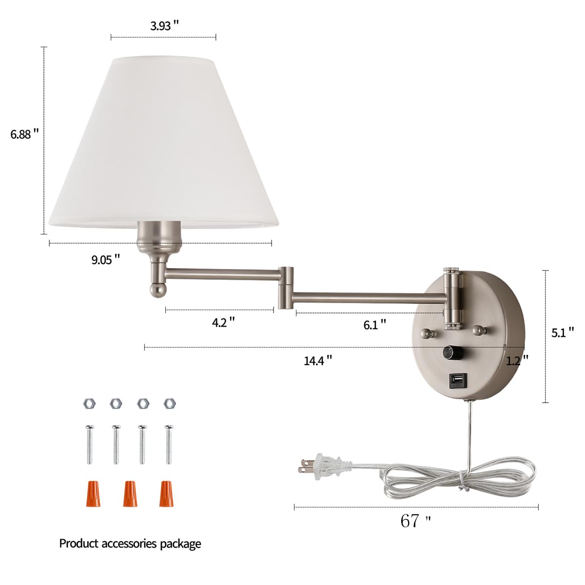 Swing Arm Wall Sconces, Plug-In Wall Lamp,Bedroom Wall Lamp , White Fabric Shade,,With Dimmable Switch And Usb Charging Port, Suitable For Bedside, Living Room, Reading (Nickel)