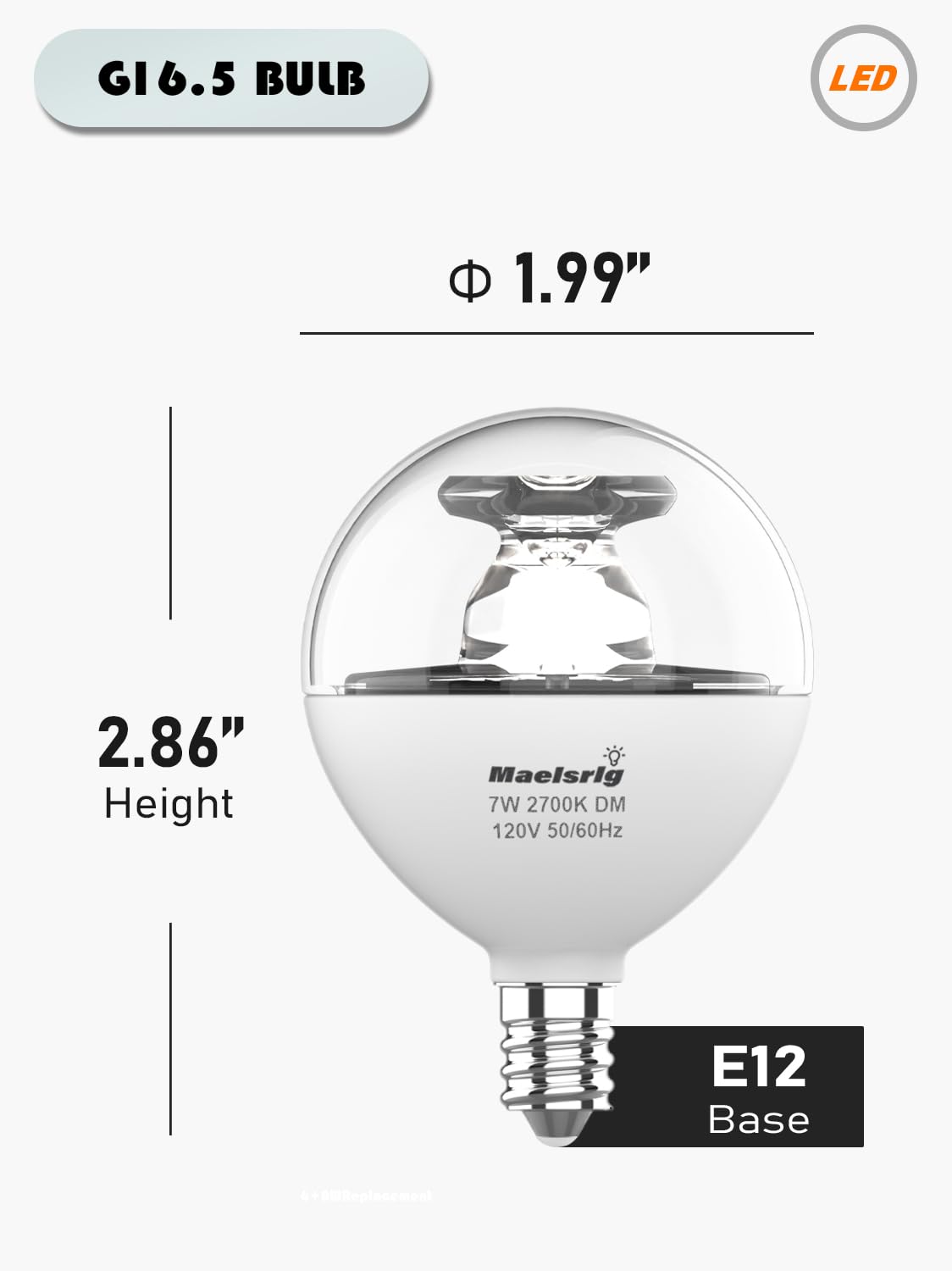 Maelsrlg G16.5 Light Bulb Led, 60W Equivalent, Small Round Light Bulbs, E12 Candelabra Base, Dimmable, Soft White 2700K, 7W 600