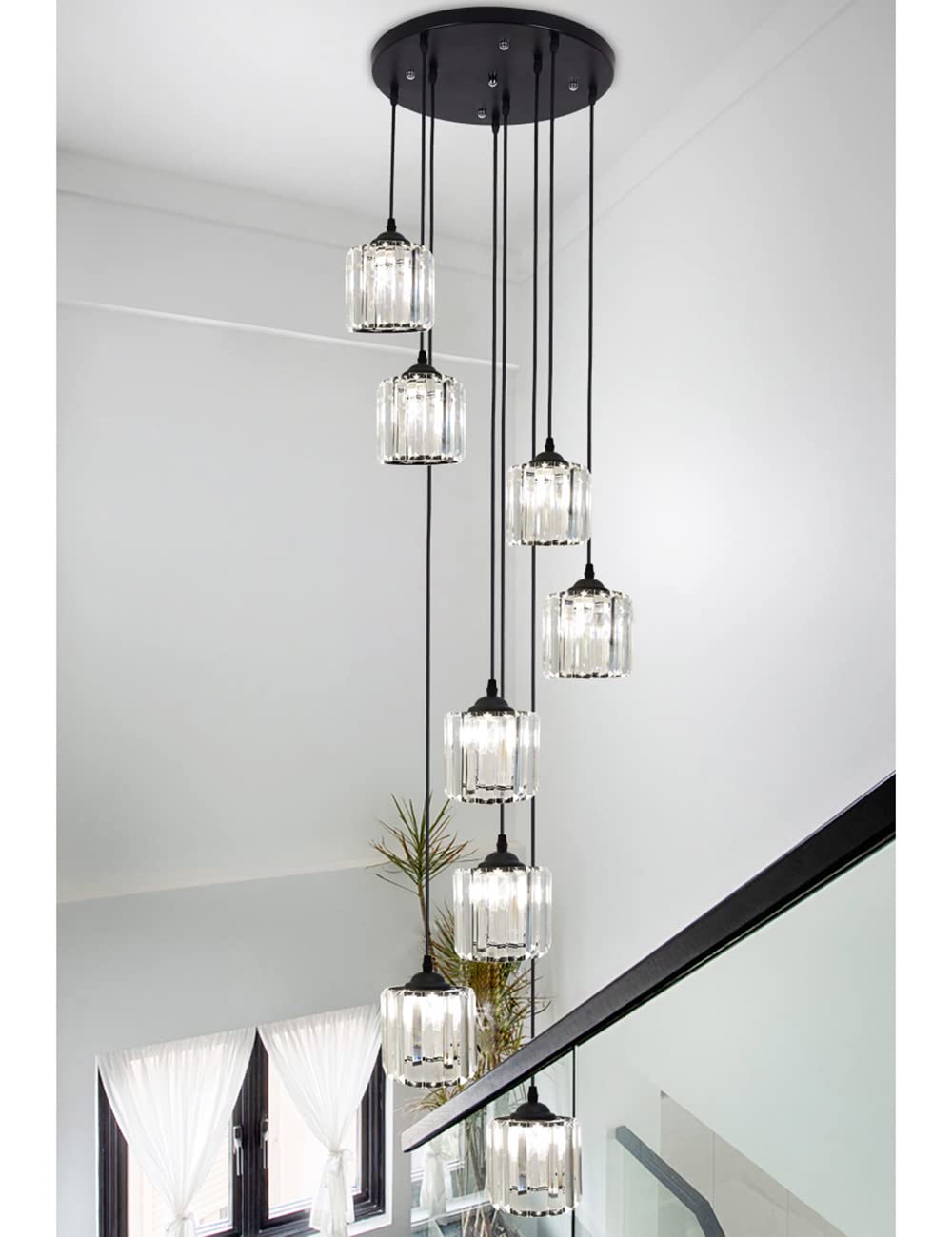 Meimond Modern Crystal Pendant Light, 8 Lights, Black Metal Raindrop Chandelier for High Ceilings, Foyer, Living Room, Model LTD-10