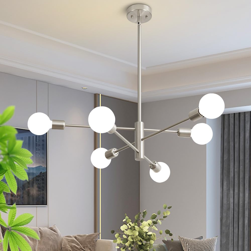 Deyidn Sputnik Chandelier Modern Brushed Nickel Chandeliers 6-Light Mid Century Ceiling Lighting Fixture for Living Room, Kitche