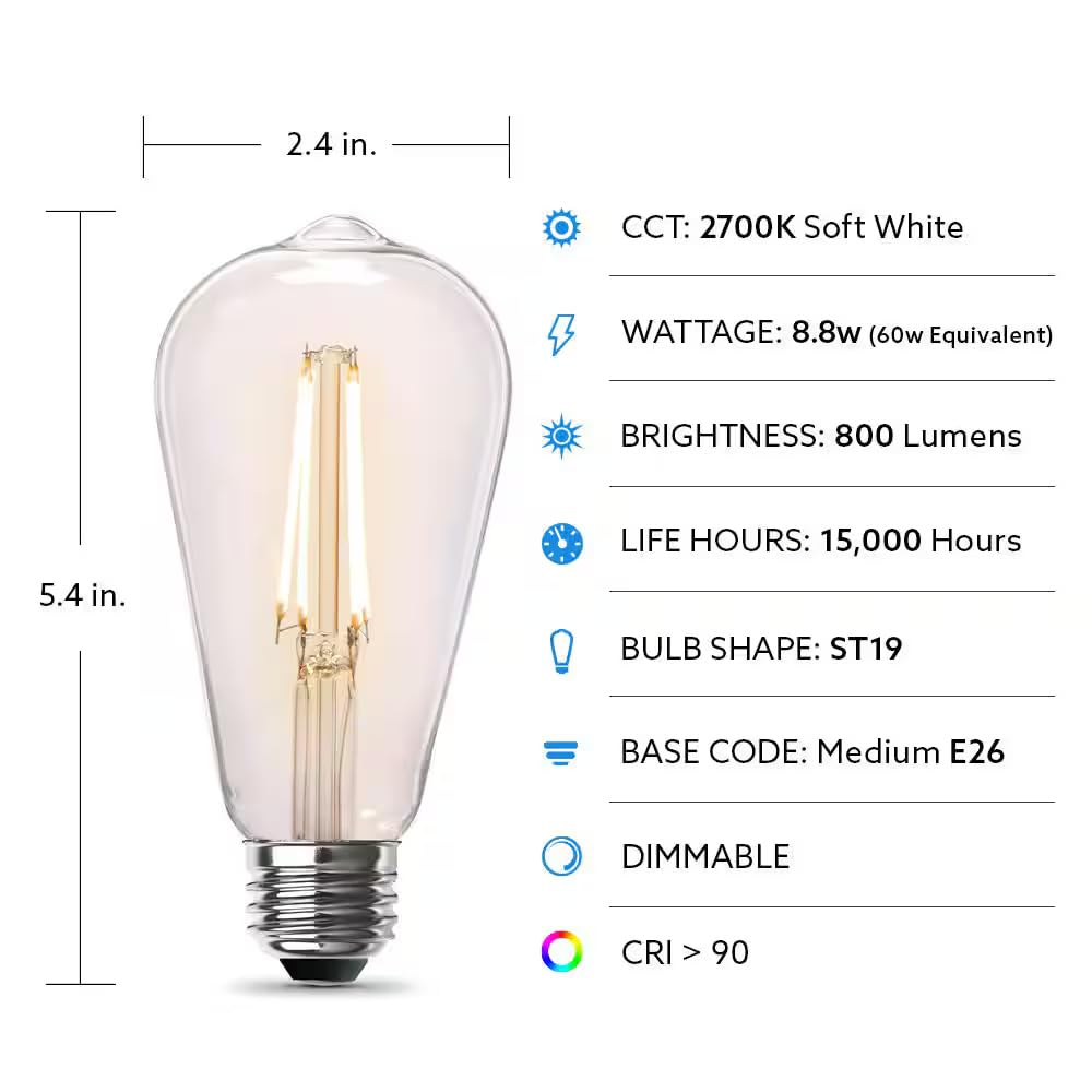 Feit Electric 60-Watt Equivalent St19 Dimmable Straight Filament Clear Glass E26 Vintage Edison Led Light Bulb, Soft White, 2700