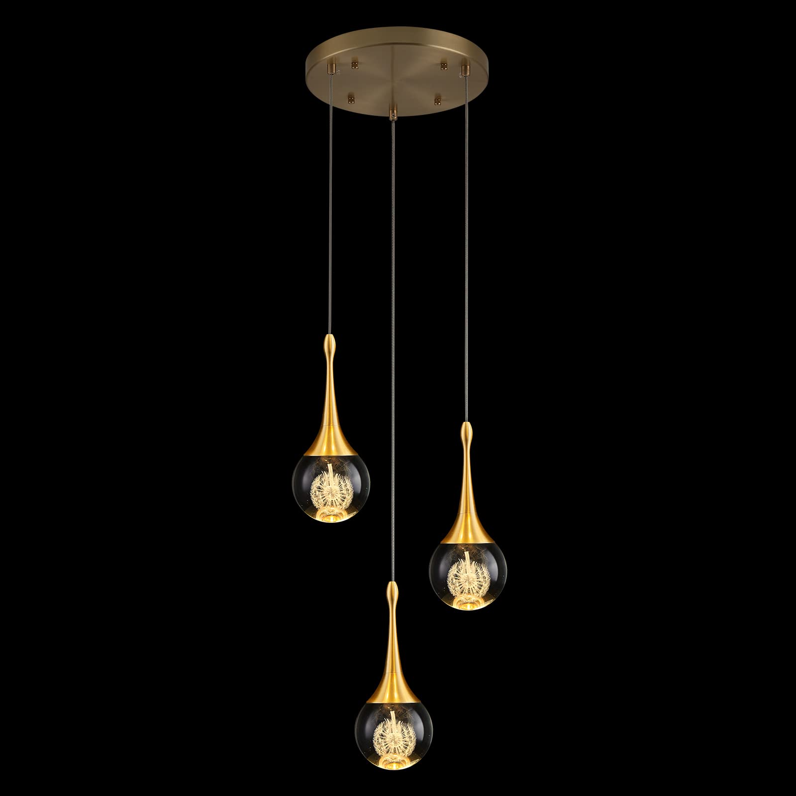 AIRYPHANT 3 Light Gold Pendant Lighting, 15W Modern Dimmable LED Teardrop Crystal Chandelier Cluster Pendant Light for Kitchen I
