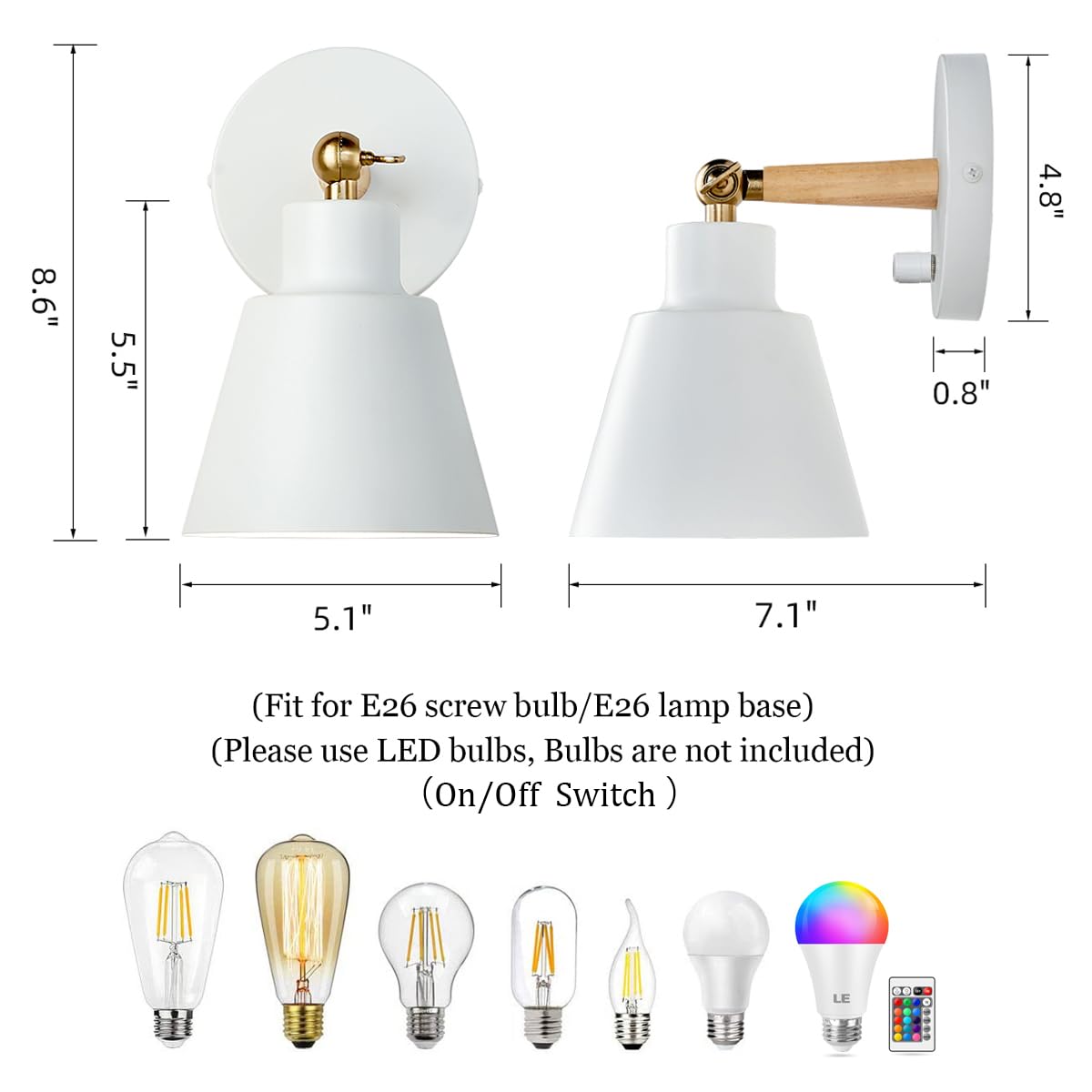 Clankin White Wall Sconces Lighting Fixture, Nordic Wooden Bedside Wall Lamp With On-Off Switch For Industrial Bedroom, Bathroom